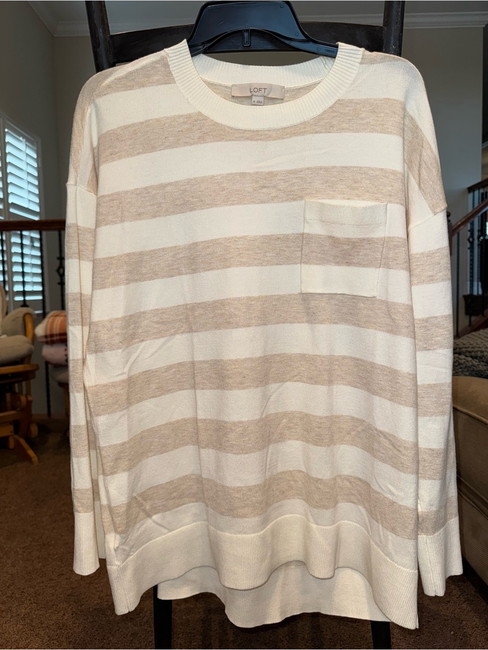 LOFT Women's Cream and Tan Striped Pocket Sweater